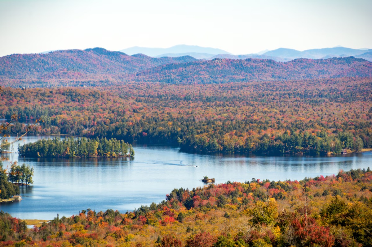 Wide landscape with blue water, forest, and mountains in the distance